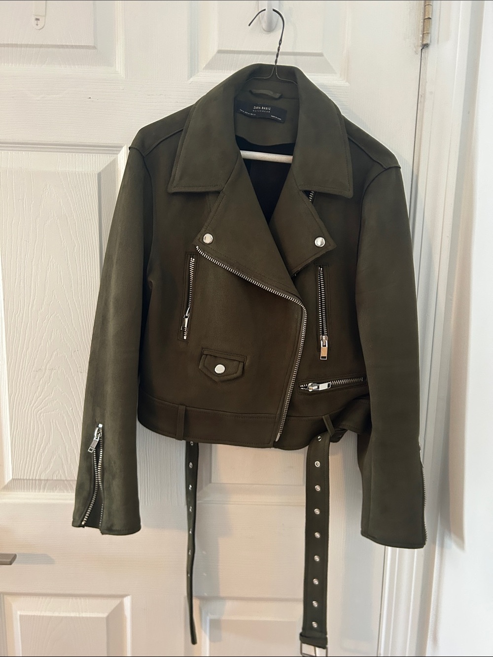 Zara Olive faux Suede Moto Jacket with Belted Waist
